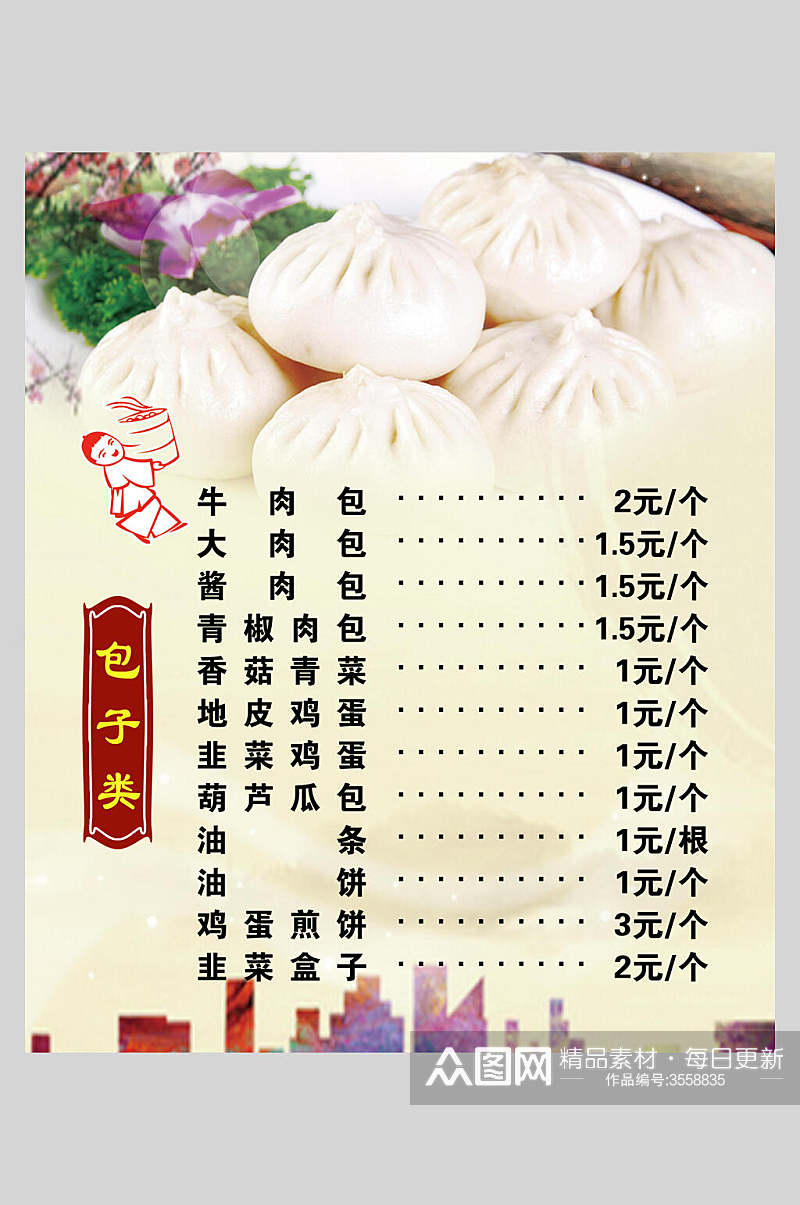 包子类包子铺早点店价格表海报素材