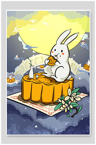 卡通手绘月饼兔子花卉中秋节插画