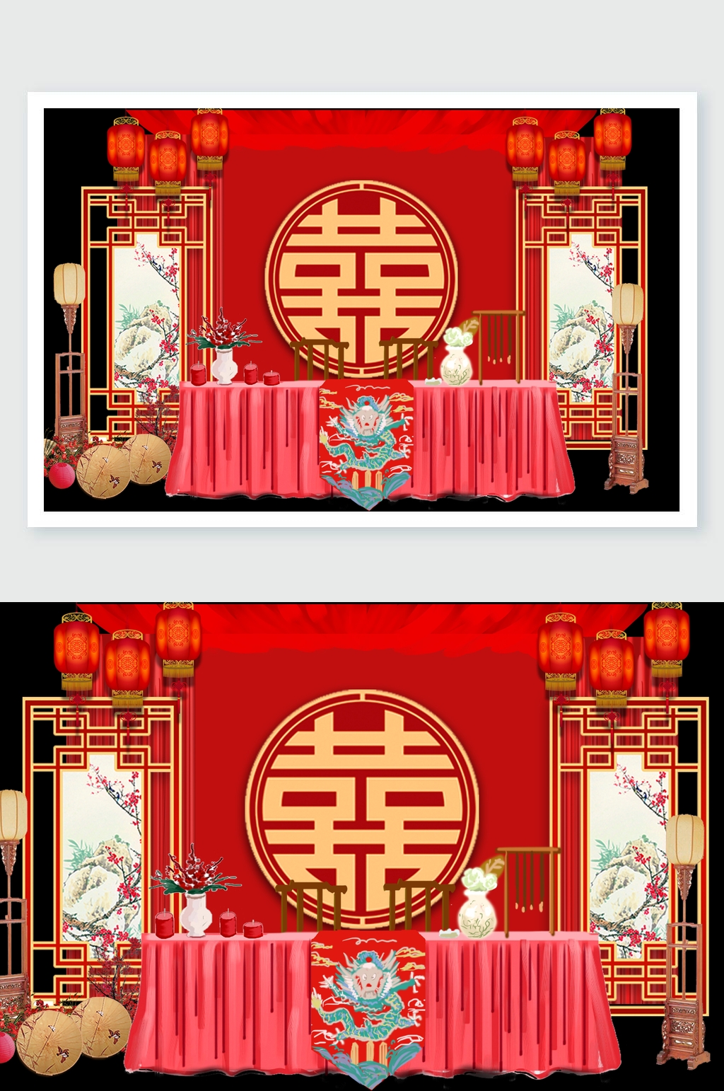 红色喜庆古典摆台门帘灯笼中式婚礼舞美设计 婚礼布置素材