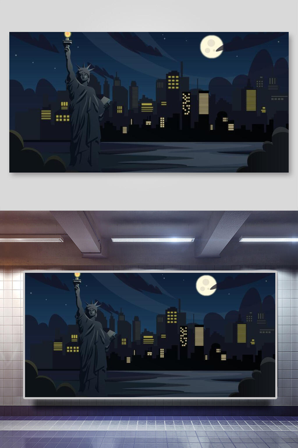 自由女神手绘风景插画素材