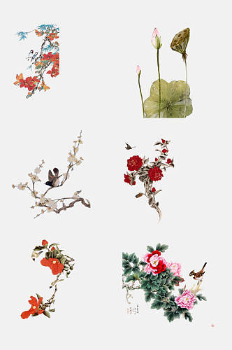 中国风水彩荷花花卉动物免抠素材
