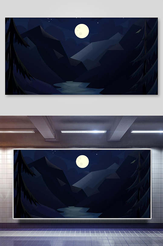 手绘风景黑白调月亮插画