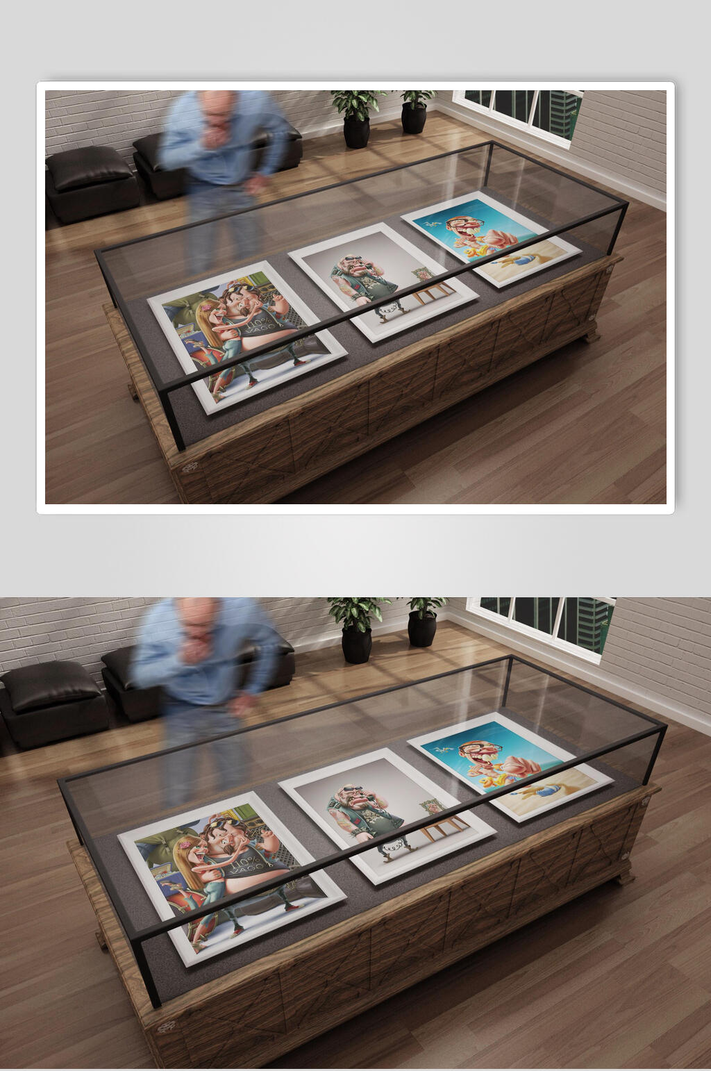 人像模糊感棕画廊作品展示样机素材