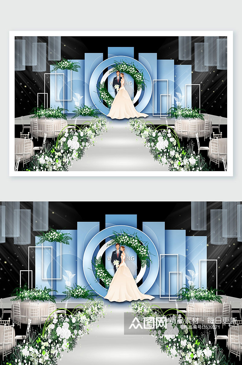 新人结婚新婚白色花朵恩爱喜庆蓝色婚礼舞美设计 婚礼布置素材