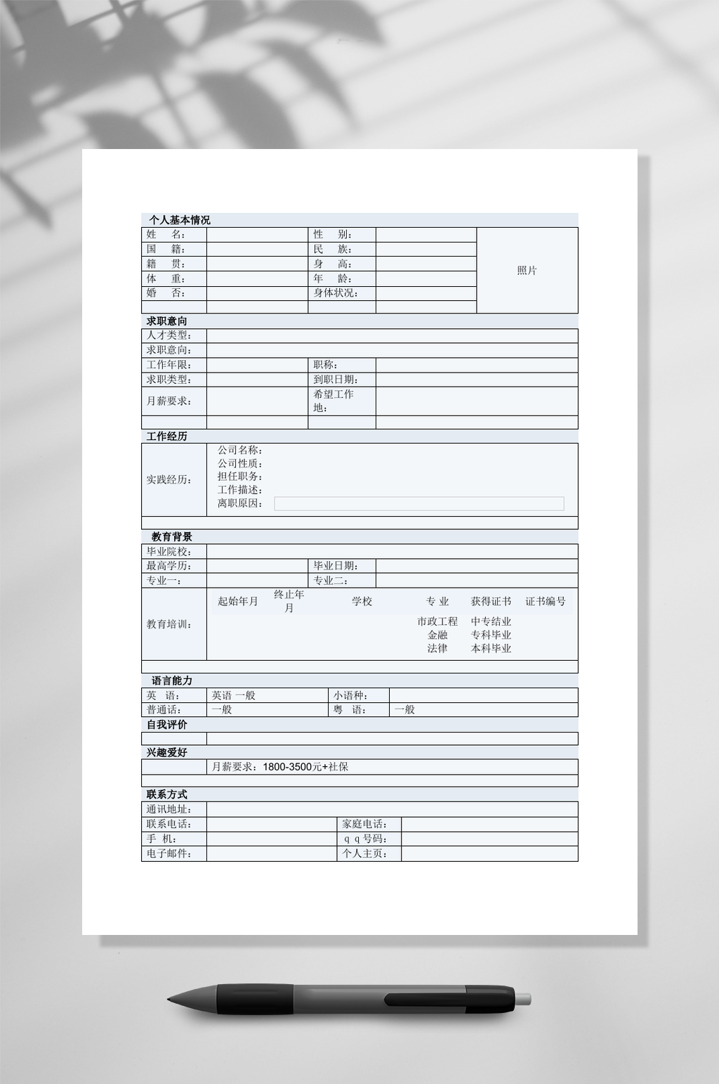 表格清新简历WORD素材