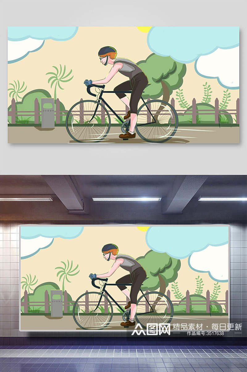 小男孩骑自行车旅行游玩插画素材