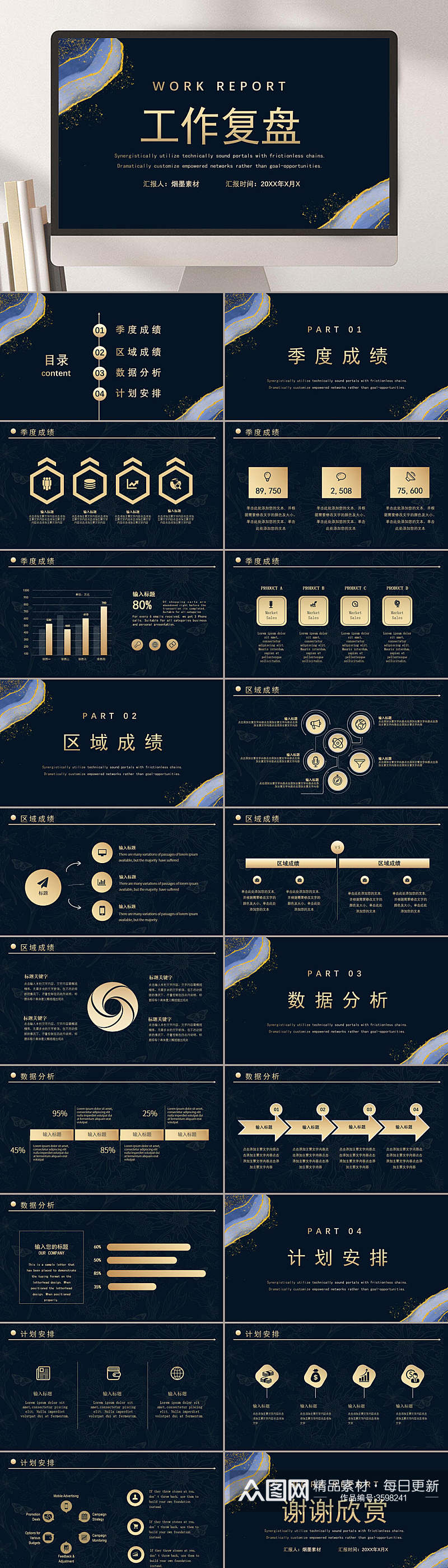 鎏金风格工作复盘汇报PPT素材