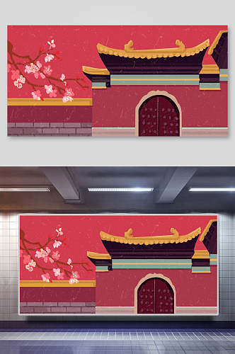 桃花故宫国潮城市海报插画