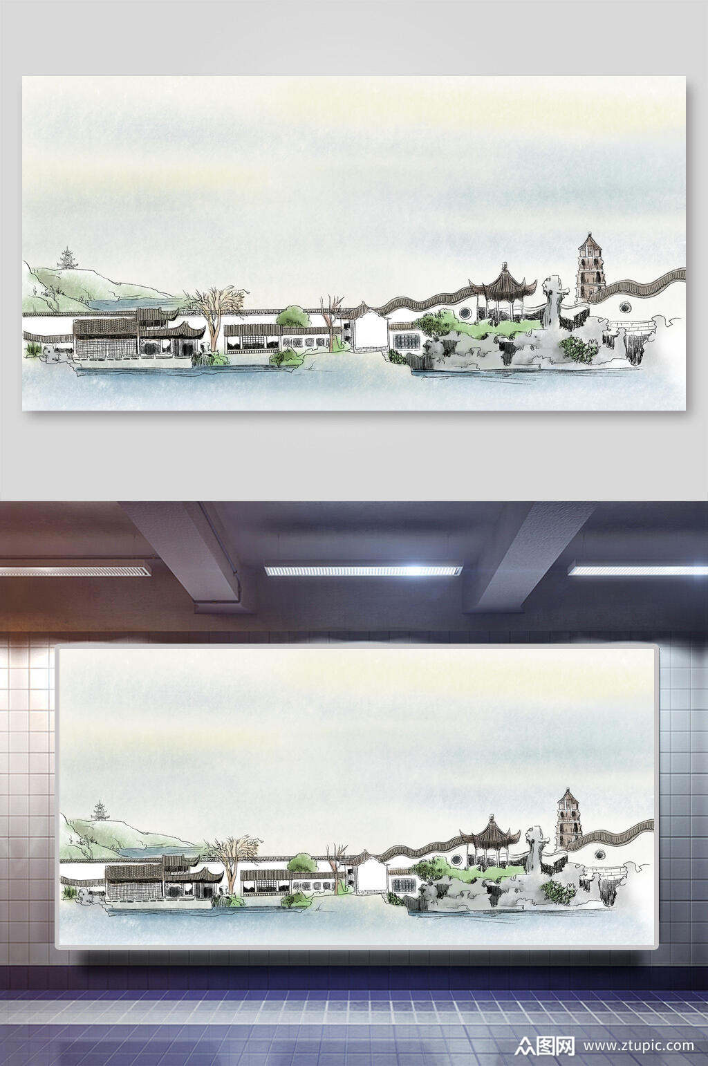 古典江南鱼米之乡城市建筑风景插画素材