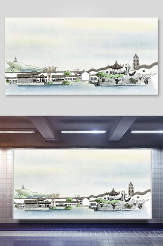 古典江南鱼米之乡城市建筑风景插画