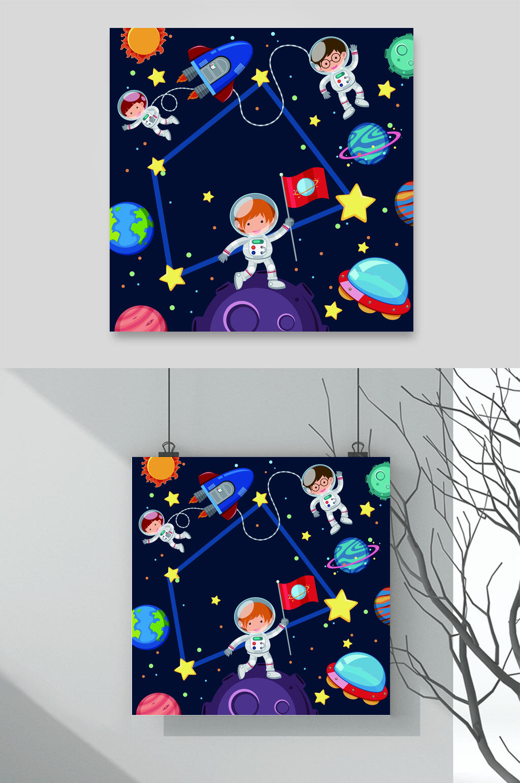 旗帜星球卡通紫宇航员太空矢量素材素材