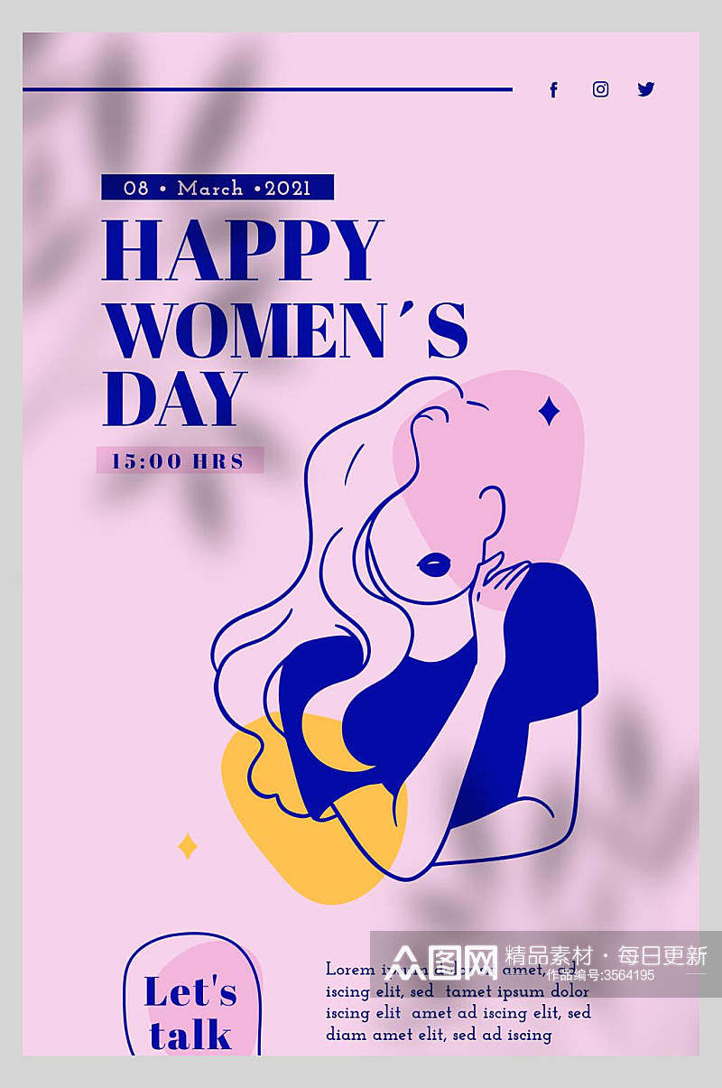 英文女性卡通粉色三八节海报素材