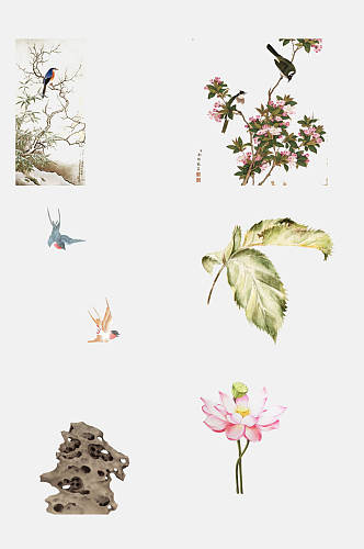 中国风水彩燕子植物免抠素材