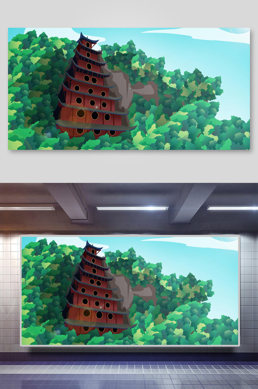 小清新寺庙国潮城市海报插画素材