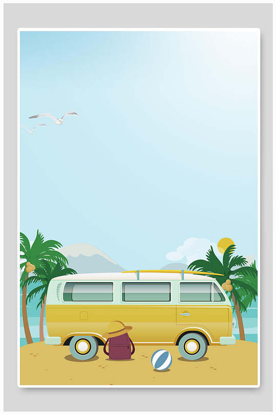 创意大气海鸥椰子树阳光海滩沙滩大海背景