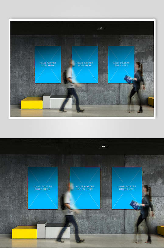 蓝色贴墙展览海报宣传室内外场景样机