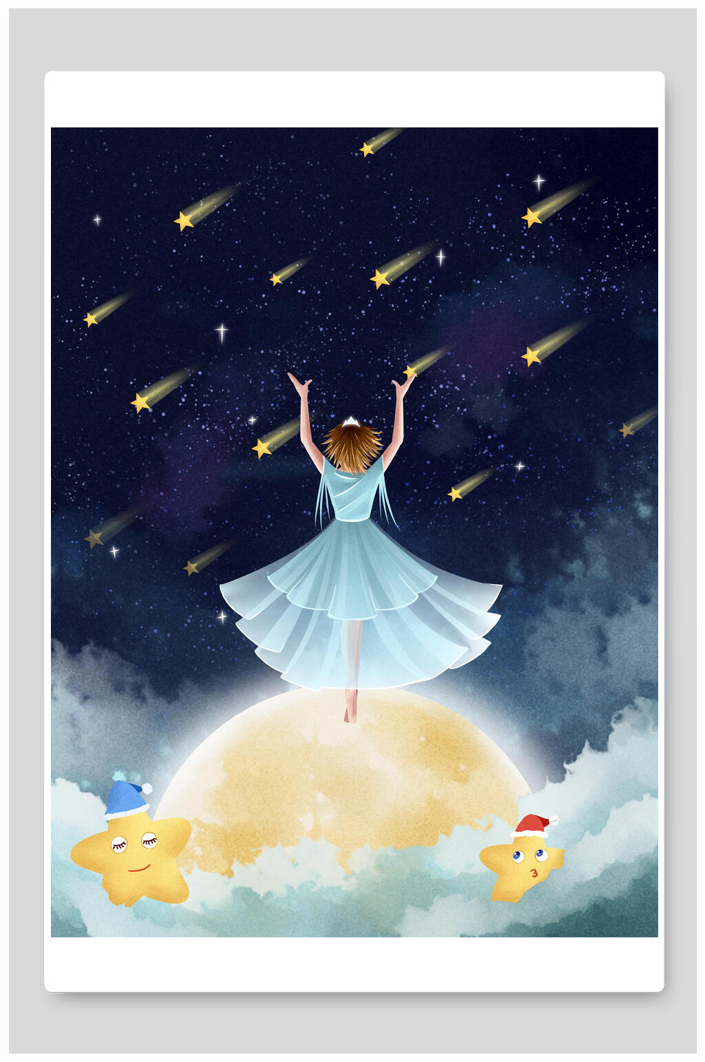 女孩月亮唯美星空插画素材
