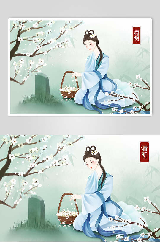 唯美绿色清明大气高端古风美女插画