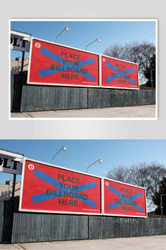 蓝红英文树木城市户外广告牌样机