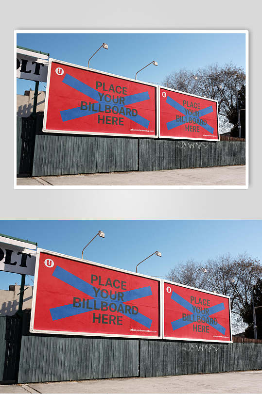 蓝红英文树木城市户外广告牌样机
