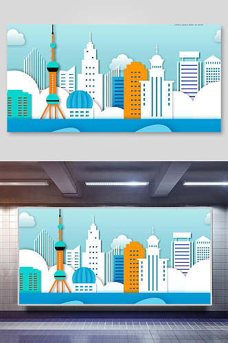 东方明珠上海城市旅游剪纸风格插画