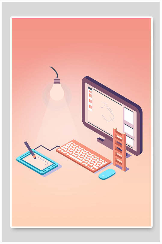 电脑橙色唯美场景插画立体空间背景