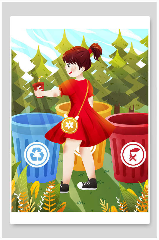 小女孩丢杯子垃圾分类插画
