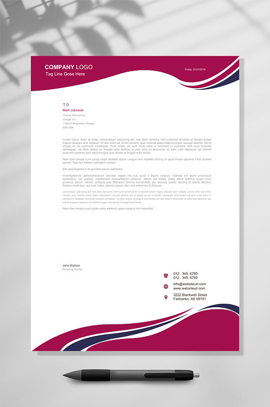 上下暗紫色弧形商务信纸WORD-众图网