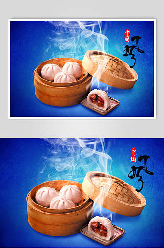 蓝色包子鲜肉包菜包促销宣传海报