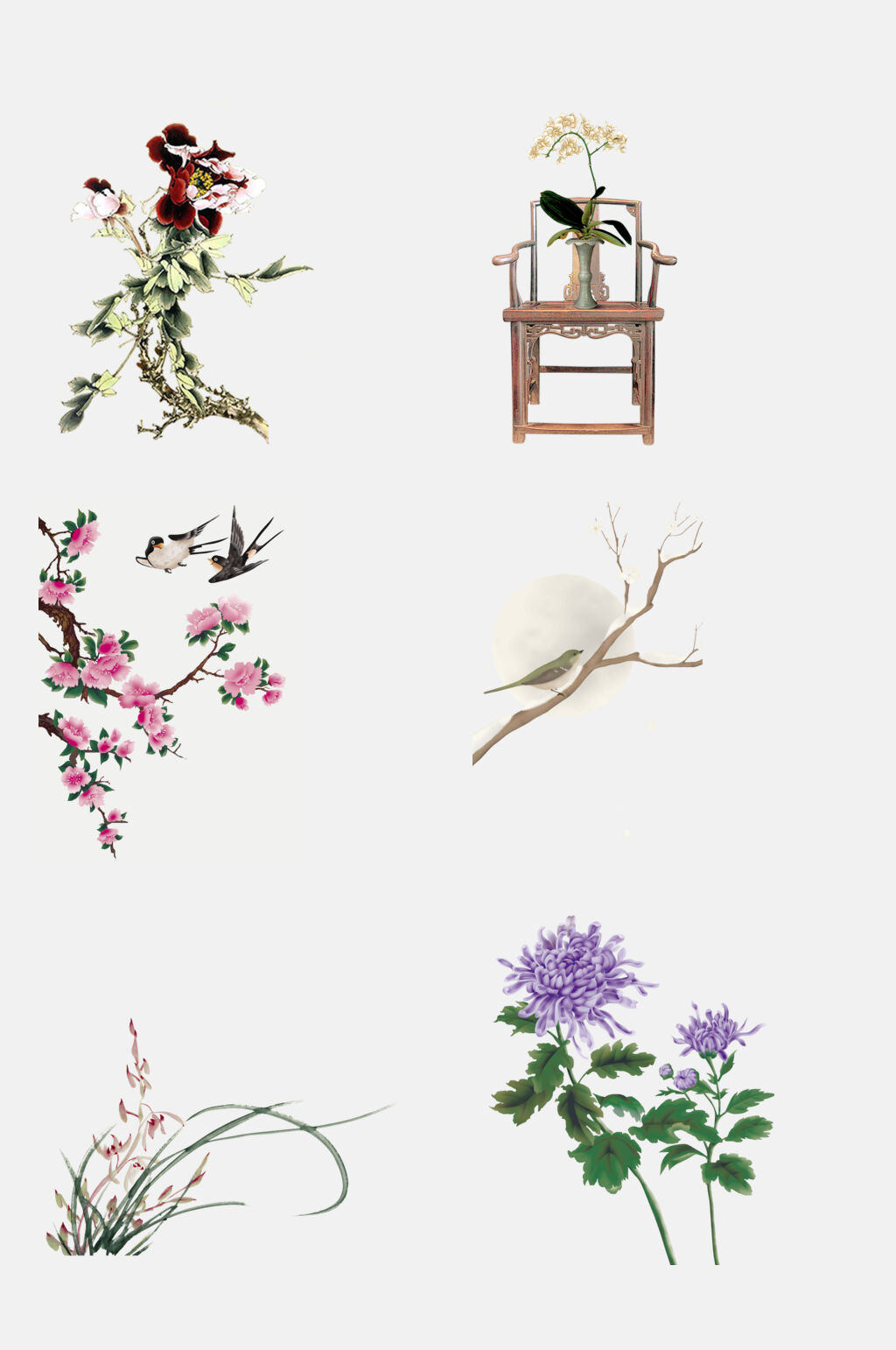 中国风水彩简约植物免抠素材素材