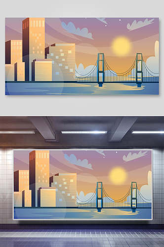 城市大桥手绘风景插画
