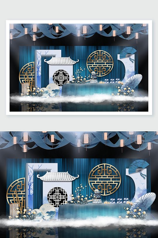 中国风蓝色婚礼舞美设计-众图网