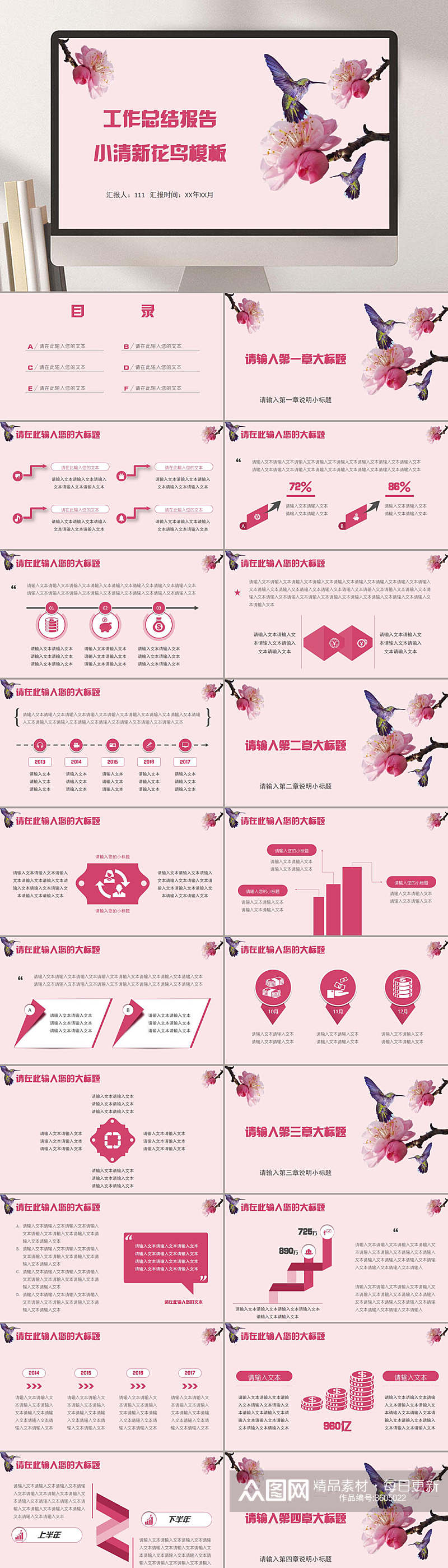 小清新花鸟工作汇报PPT素材