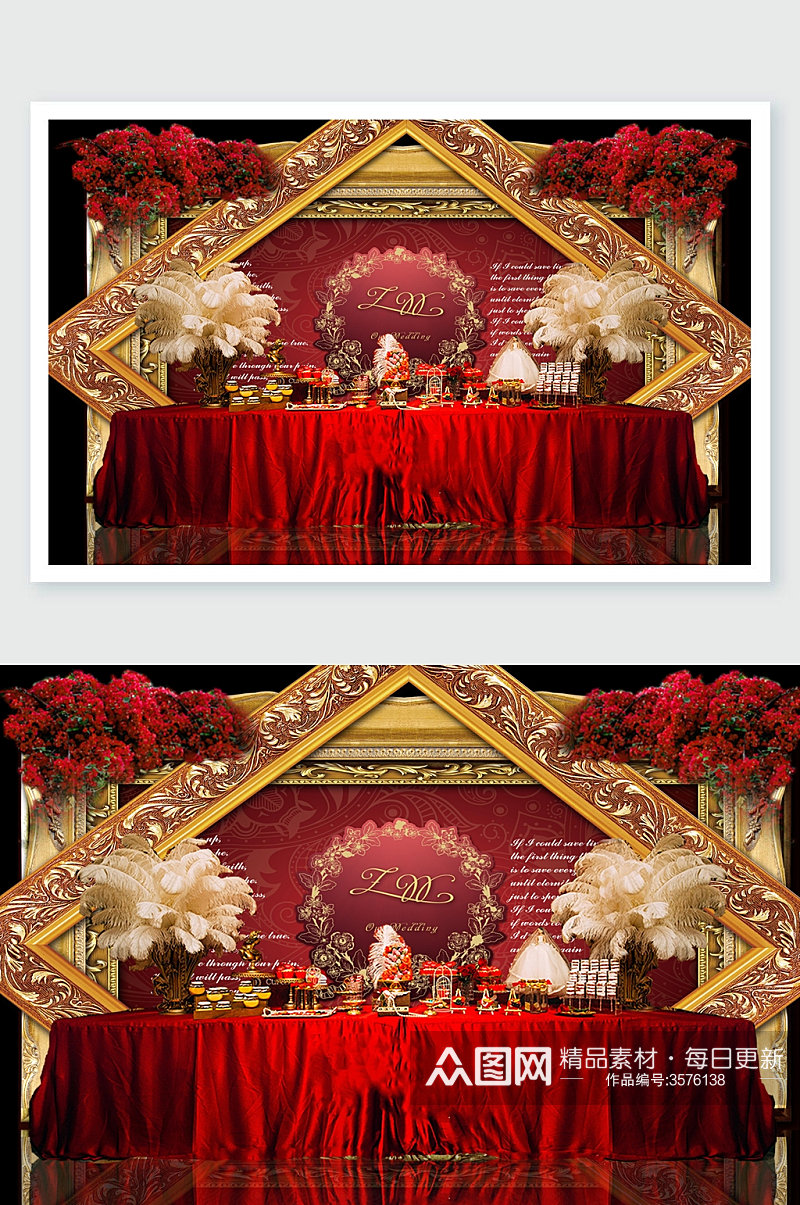 金属工艺框带花树红色婚礼舞美素材