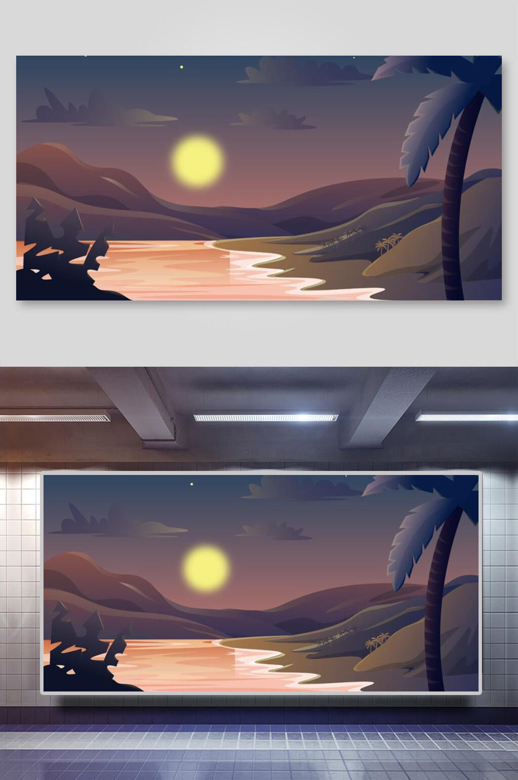 手绘风景河流月亮插画素材