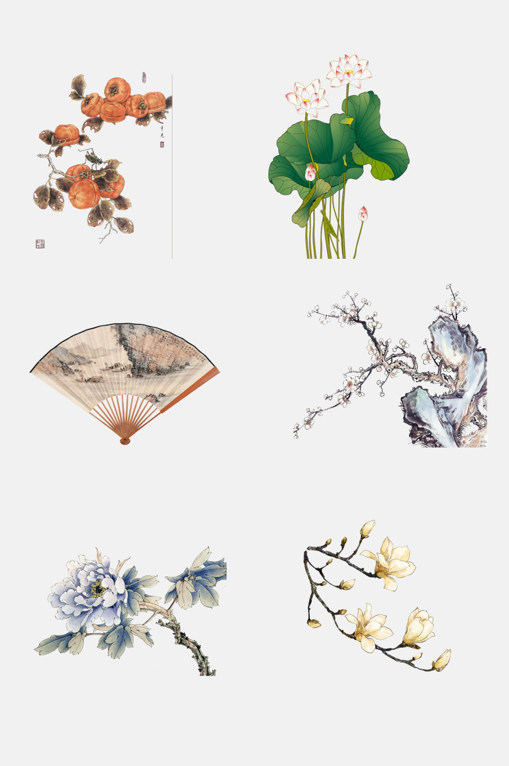 中国风水彩扇子植物免抠素材素材