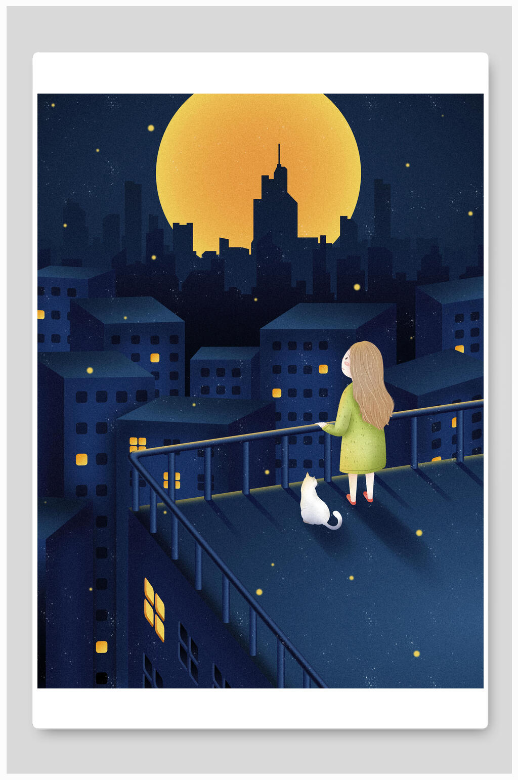 小女孩小猫唯美星空插画素材