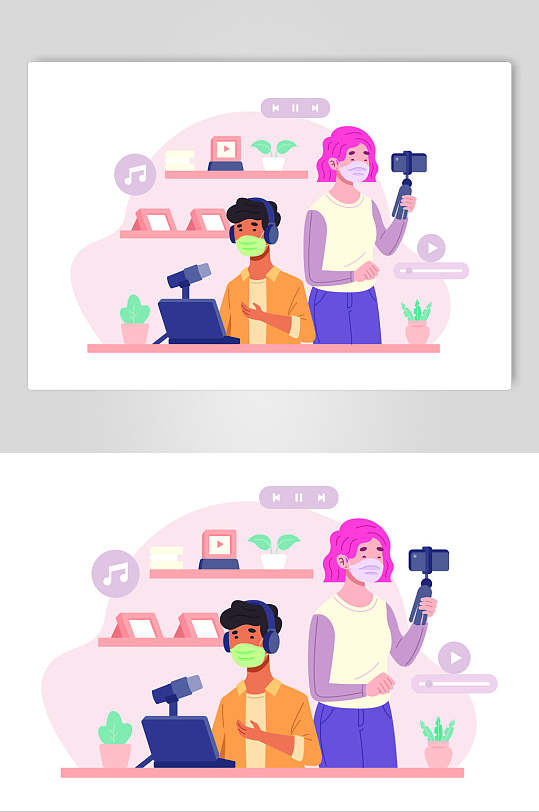 创意直播卡通互联网手机交互插画矢量素材