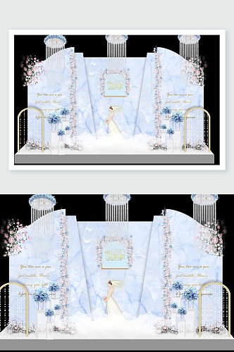 白色幕墙装饰鲜花新娘我们结婚了蓝色婚礼舞美设计