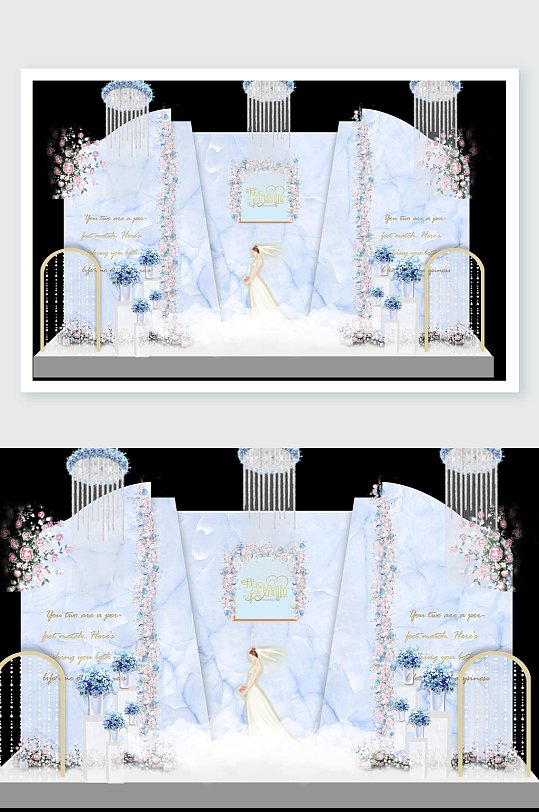 白色幕墙装饰鲜花新娘我们结婚了蓝色婚礼舞美设计