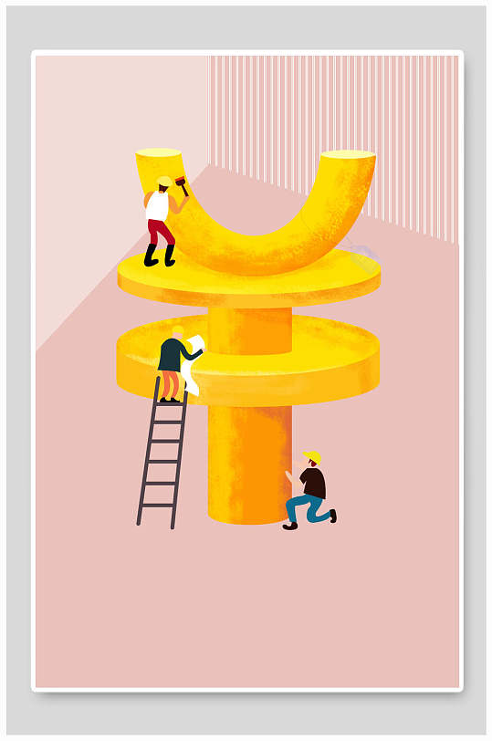 手绘素雅粉黄场景插画立体空间背景