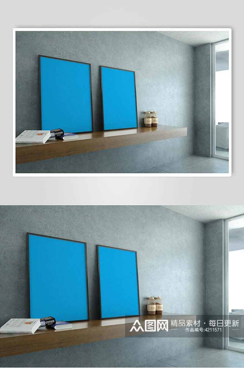 蓝色桌子简约屏幕海报展板贴图样机素材