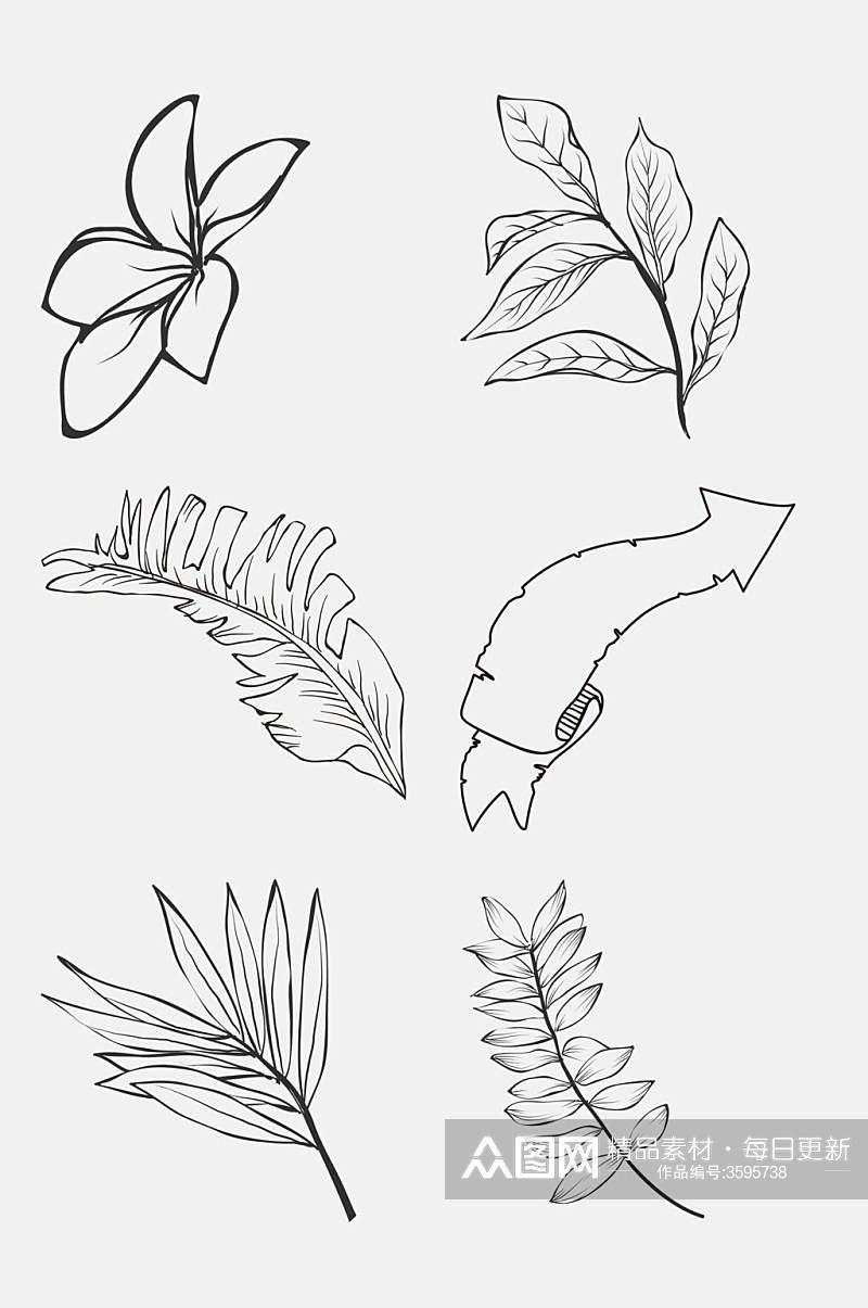 手绘创意热带植物叶子火烈鸟免抠素材素材