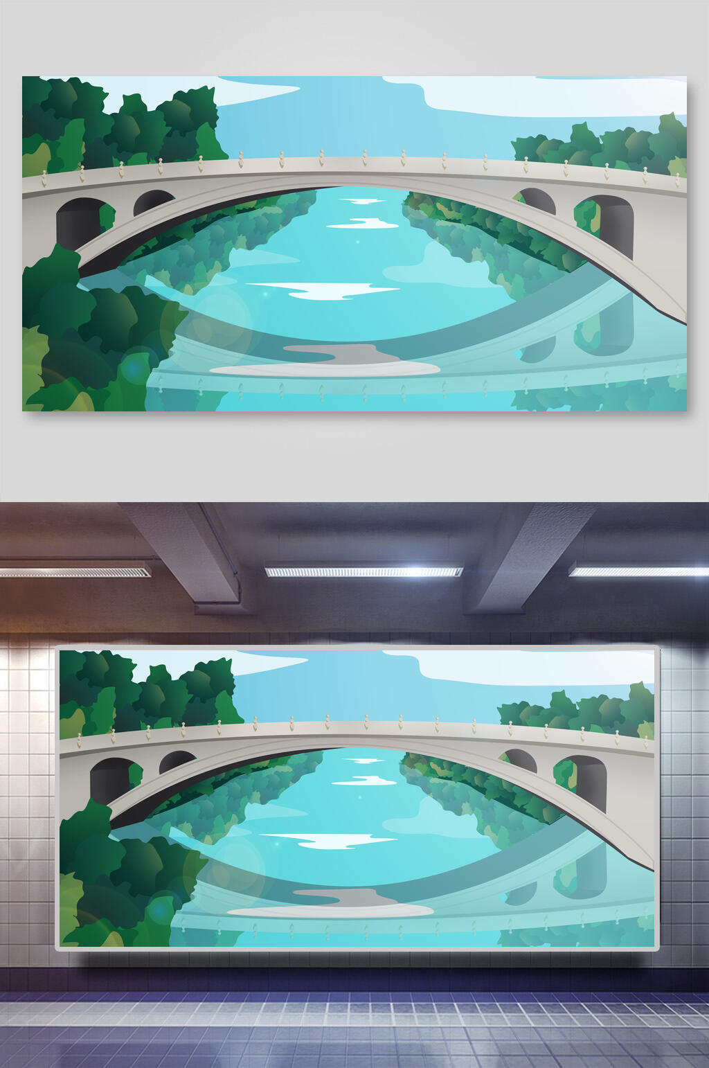 古典创意湖上倒影国潮城市海报插画素材