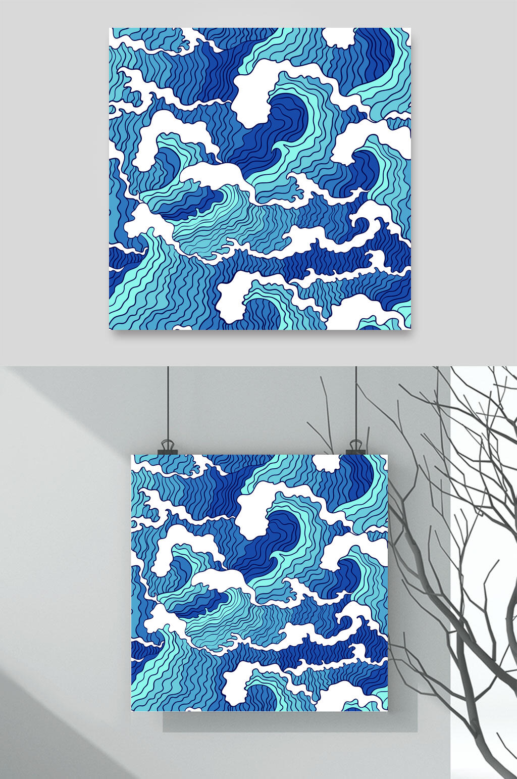 蓝色创意古风海浪底纹矢量素材素材