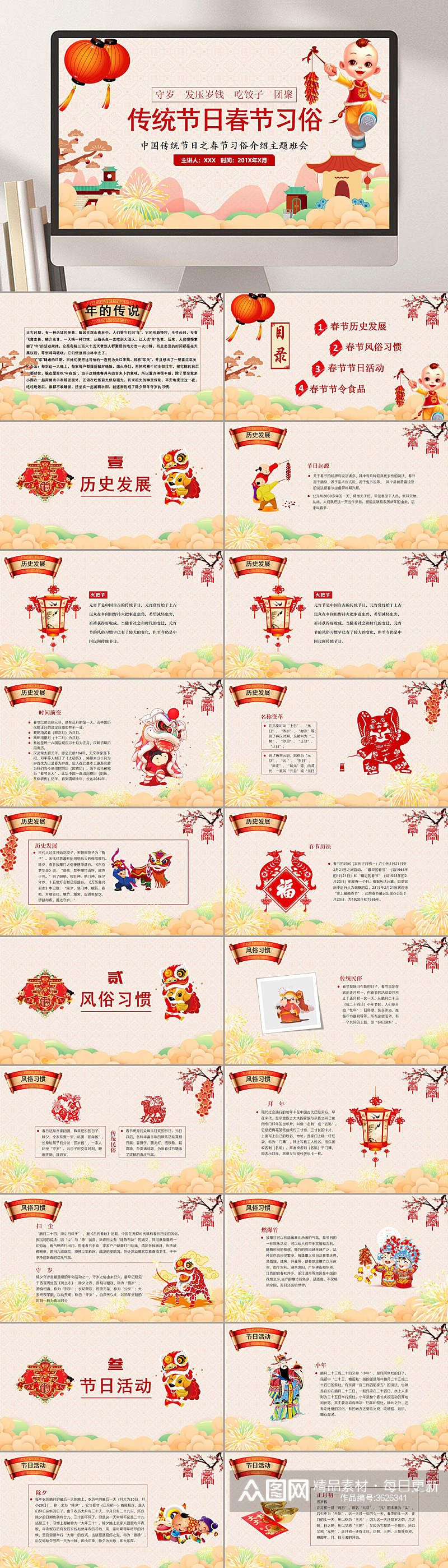 传统节日中国风灯笼红春节习俗迎新PPT素材