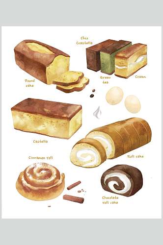 手绘美食蛋糕面包甜品插画设计素材