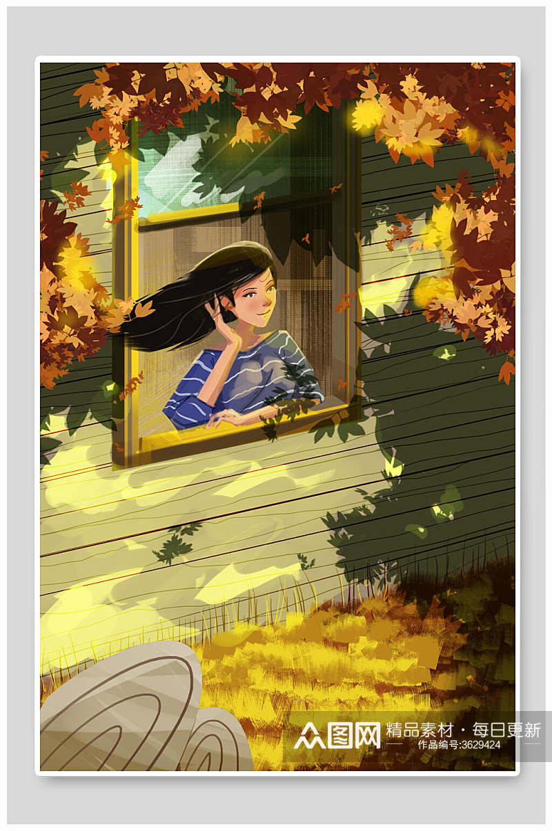 看窗外的枫叶立秋插画素材