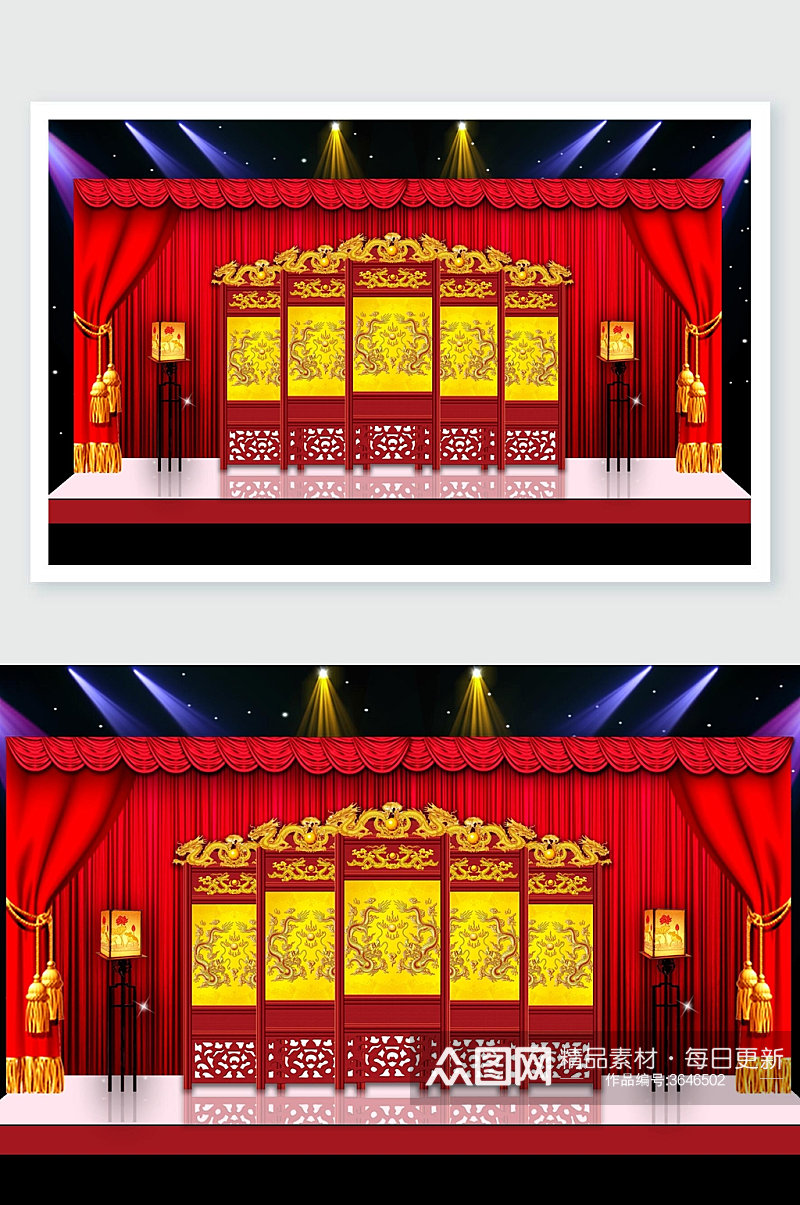 屏风中式红色婚礼舞美效果图素材