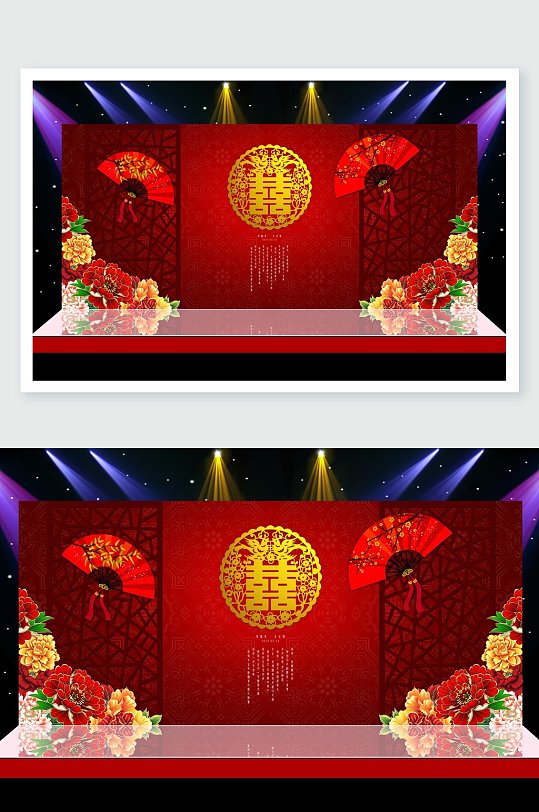 分屏中式红色婚礼舞美效果图